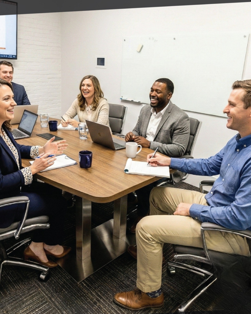 Two women seated at a table in a modern office setting.